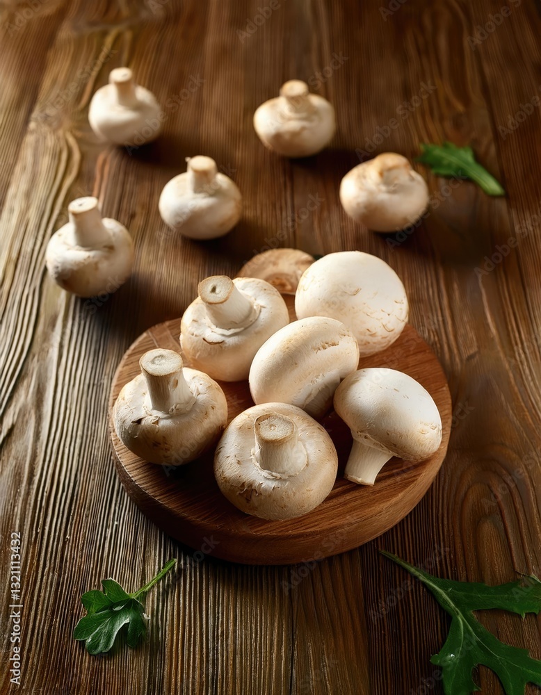 Champignon mushroom on the wooden table