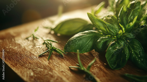 Wallpaper Mural Close-up of fresh basil on a wooden table Torontodigital.ca