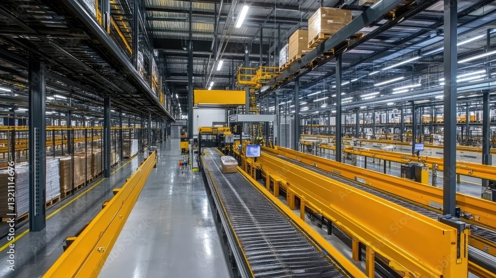 A brightly lit warehouse with a streamlined packaging and sorting system. A brightly lit warehouse with a streamlined packaging and sorting system.