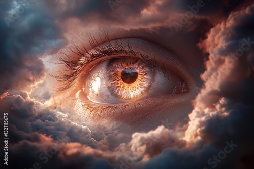 A serene and powerful eye illuminates the skies, radiating soft golden light while observing the world below, symbolizing divine presence and omniscience