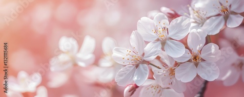 Delicate cherry blossoms in soft pink glow signifying springtime tranquility photo