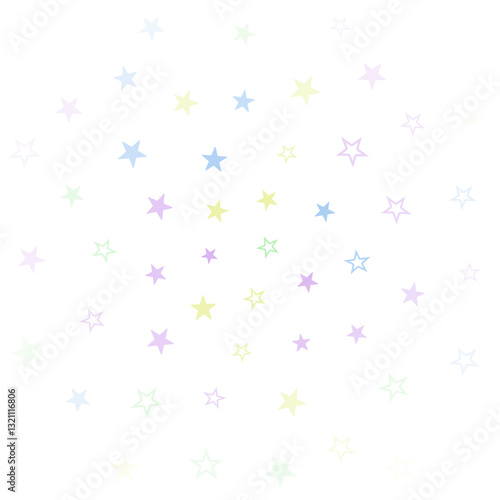 A whimsical pattern of pastel-colored stars scattered across a white background, creating a dreamy and light atmosphere.