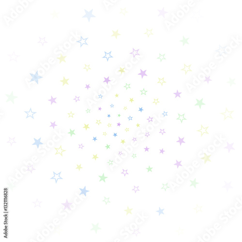 A spiraling pattern of pastel-colored stars on a white background, creating a whimsical and dreamy effect.