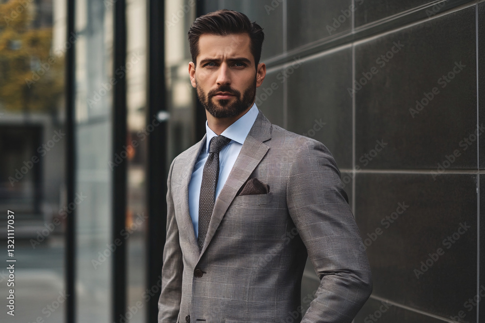 A well-groomed man with a beard wearing a tailored gray suit standing confidently by a modern building
A well-groomed man with a beard wearing a tailored gray suit standing confidently by a modern building