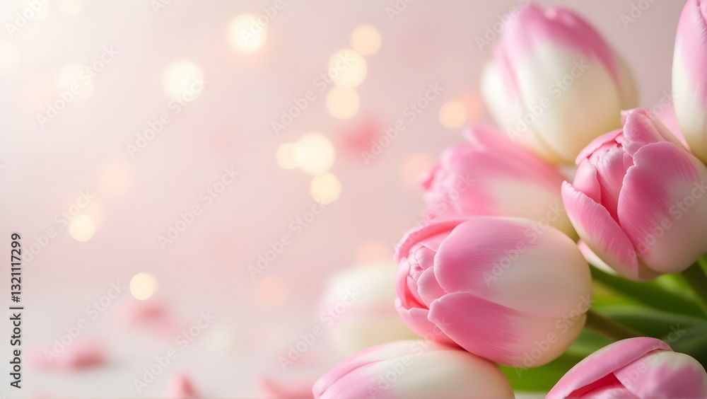 white pink tulips with decorative hearts on soft pink background. trendy, concept women's day, march, 8th . Wallpaper background. Flat lay, top view, copy space, spring, summer, white pink tulips with decorative hearts on soft pink background. trendy, concept women's day, march, 8th . Wallpaper background. Flat lay, top view, copy space, spring, summer,