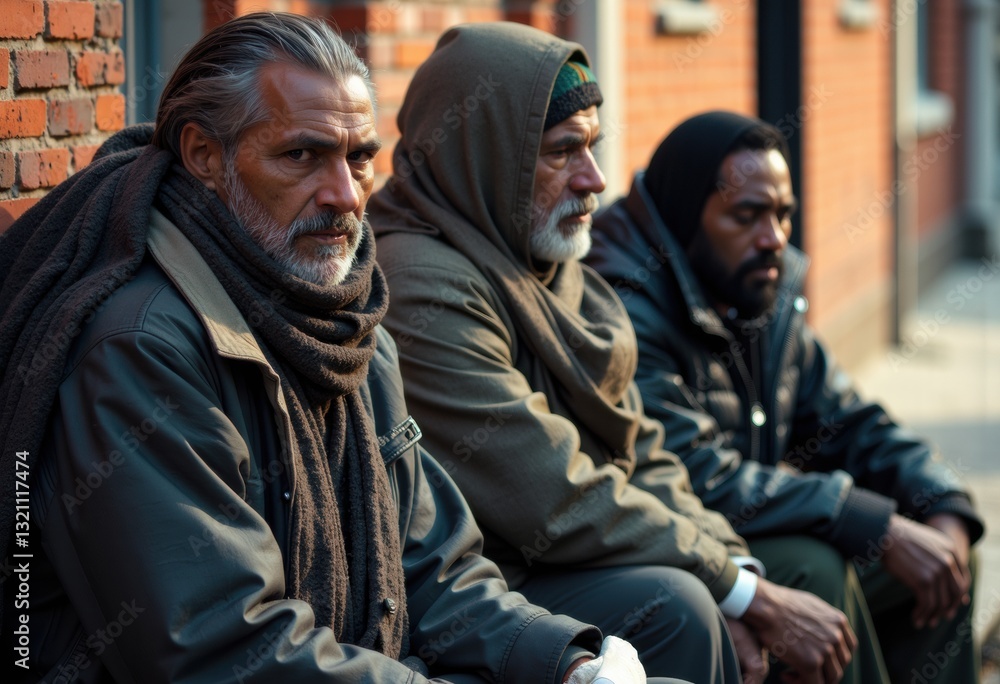 Three men sitting on a street, showcasing expressions of contemplation and resilience Three men sitting on a street, showcasing expressions of contemplation and resilience