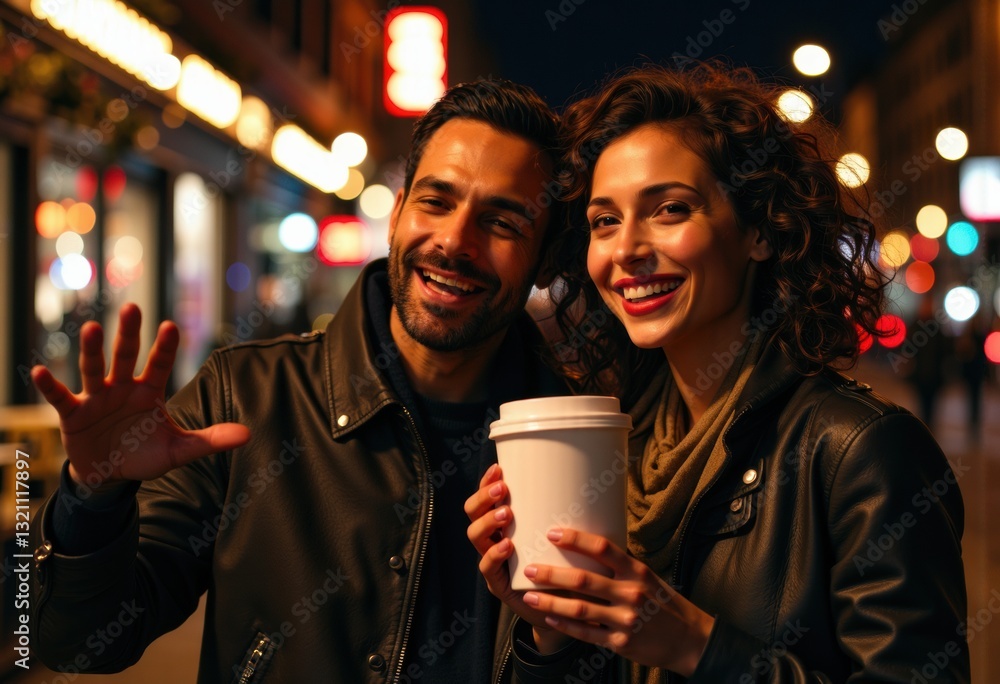 A cheerful couple enjoying coffee together in a vibrant city at night A cheerful couple enjoying coffee together in a vibrant city at night