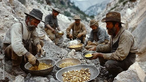 Miners Collecting Gold Nuggets in a Rocky Landscape During the Gold Rush