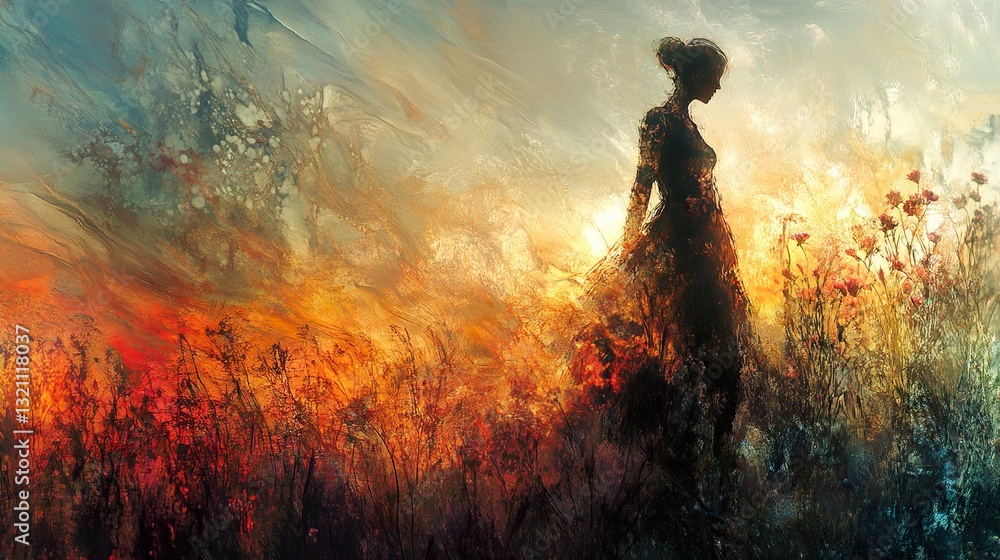 Fototapeta premium Sunset Silhouette: A Woman in a Field of Flowers