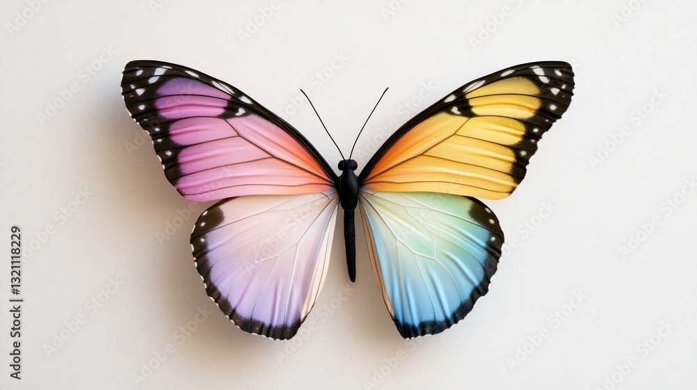 Fototapeta premium Pastel rainbow butterfly, wings spread, isolated