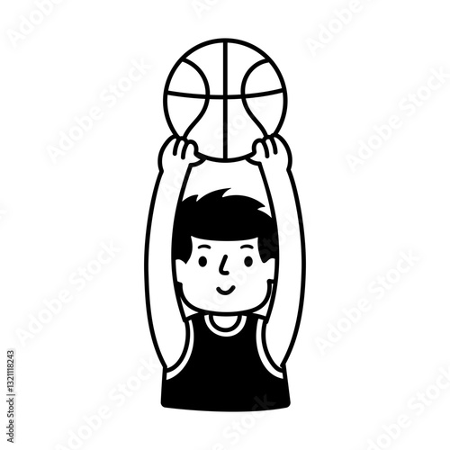 Basketball player holding ball above head, doodle illustration
