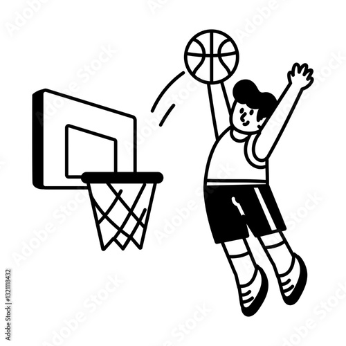 Player scoring basketball match goal, doodle character illustration
