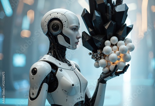 A futuristic robot holding a cluster of geometric shapes in a sci-fi setting