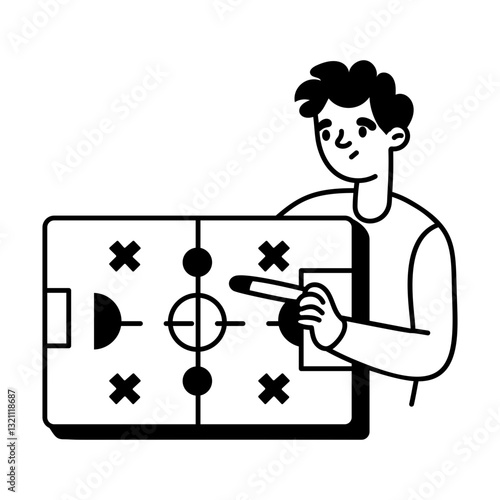 Character discussing match strategy, doodle style illustration
