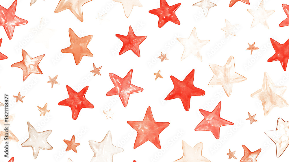 Seamless Watercolor Pattern of Red and Beige Stars, Hand-Painted in white & transparent Seamless Watercolor Pattern of Red and Beige Stars, Hand-Painted in white & transparent