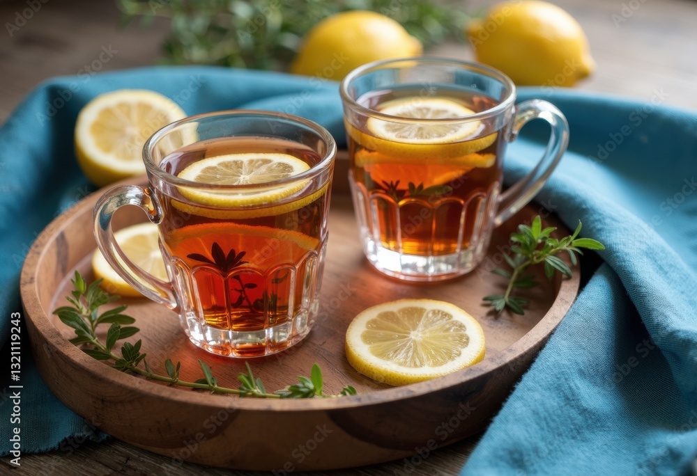 Refreshing lemon tea served in glass cups with fresh lemon slices Refreshing lemon tea served in glass cups with fresh lemon slices