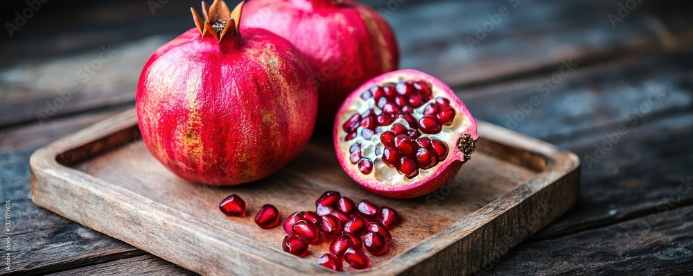 Fresh whole and sliced pomegranates on wooden tray with juicy red seeds in rustic setting Fresh whole and sliced pomegranates on wooden tray with juicy red seeds in rustic setting
