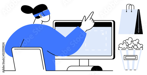 Individual wearing VR headset interacting with a computer screen. Popcorn and shopping bag suggest entertainment and e-commerce activities. Ideal for technology, gaming, shopping, modern lifestyle