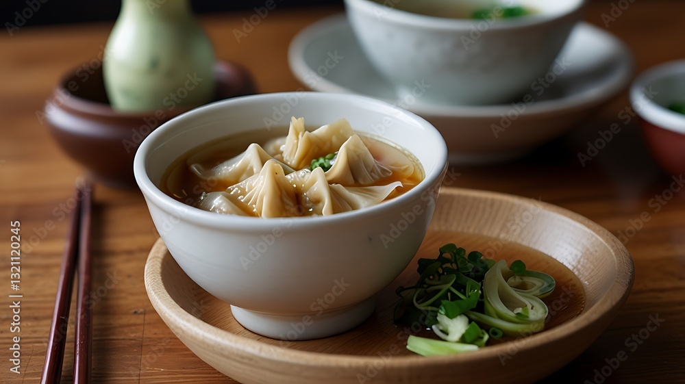 Close-up of a cup of tea with lemon, cinnamon, and a spoon, surrounded by a variety of healthy, gourmet dishes including soup, vegetables, and a plate of spicy chicken and mushrooms Close-up of a cup of tea with lemon, cinnamon, and a spoon, surrounded by a variety of healthy, gourmet dishes including soup, vegetables, and a plate of spicy chicken and mushrooms