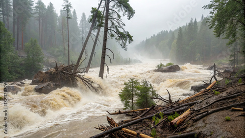 Powerful Floodwaters Rushing Through Forested River