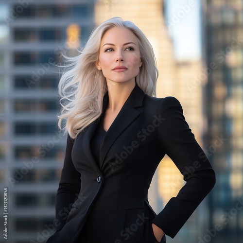 A successful businesswoman in a suit smiling outdoors in the city photo