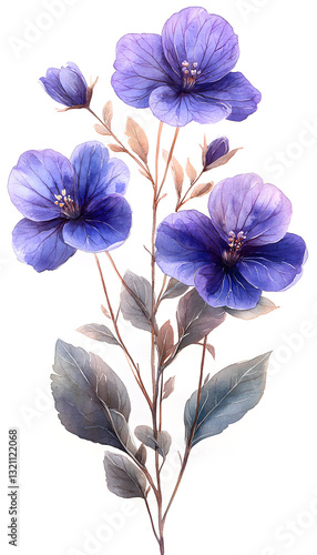 Wallpaper Mural Vintage, botanical, watercolor, detailed illustration of a 3 violet bunch flowers, hand-painted, dark colored flower, flower facing different directions, delicate brush strokes, subtle texture, white  Torontodigital.ca