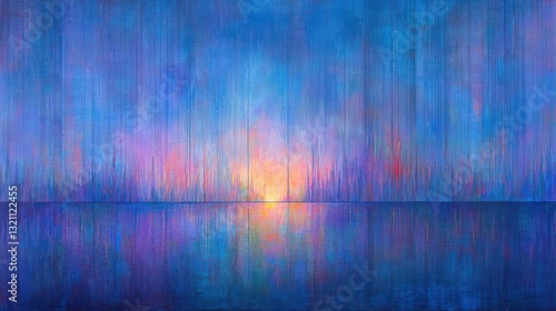 Vibrant orange light across deep blue ocean painting, a captivating seascape