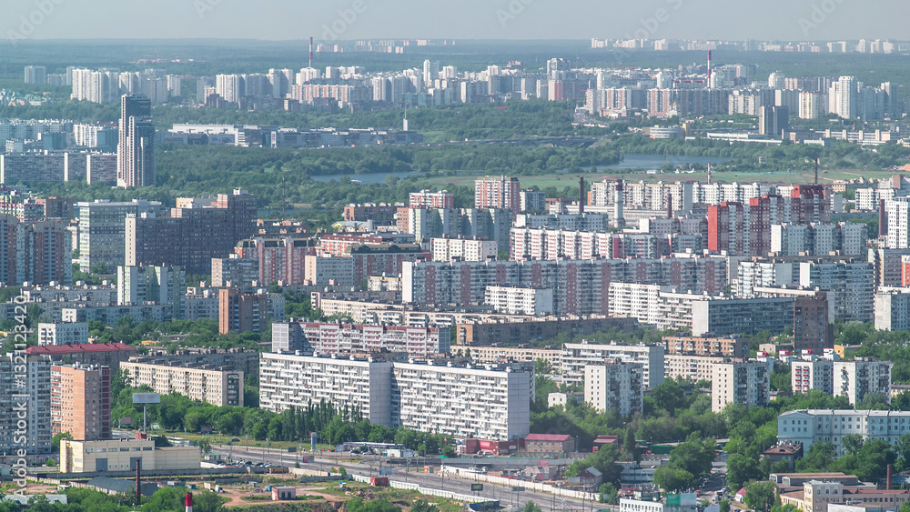 Fototapeta premium Panoramic aerial view of the buildings from the rooftop of Moscow International Business Center skyscraper timelapse, Russia