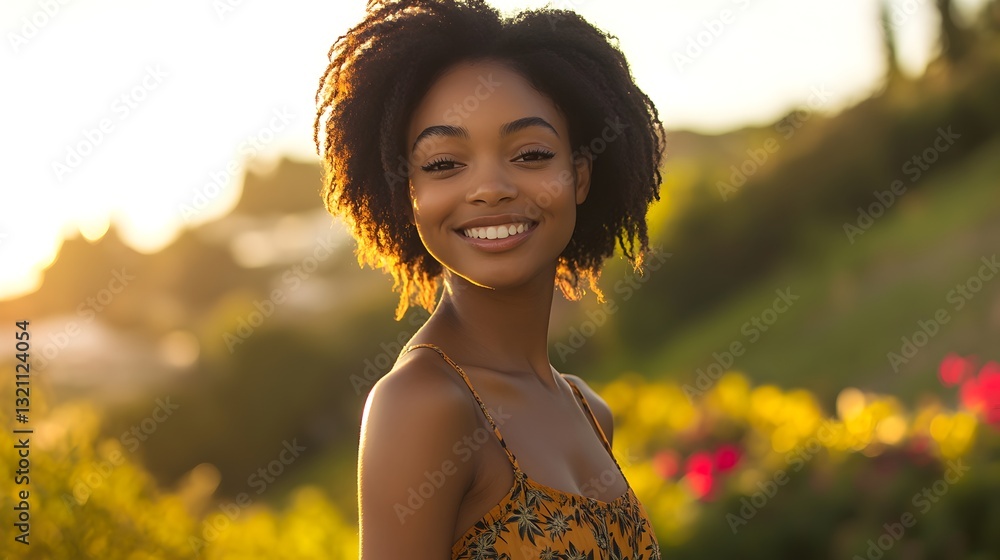 Beaming woman with joyful smile radiating positivity while promoting an innovative cannabis skincare collection Beaming woman with joyful smile radiating positivity while promoting an innovative cannabis skincare collection