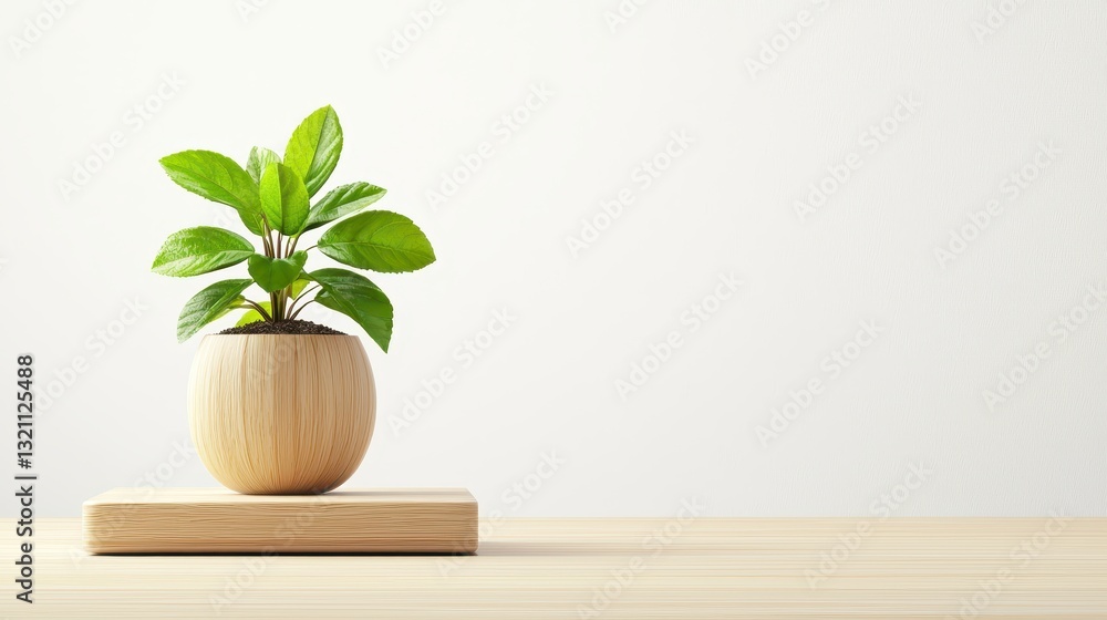 Fototapeta premium Rustic charm, vibrant green plant in a wooden planter on cozy table setting 