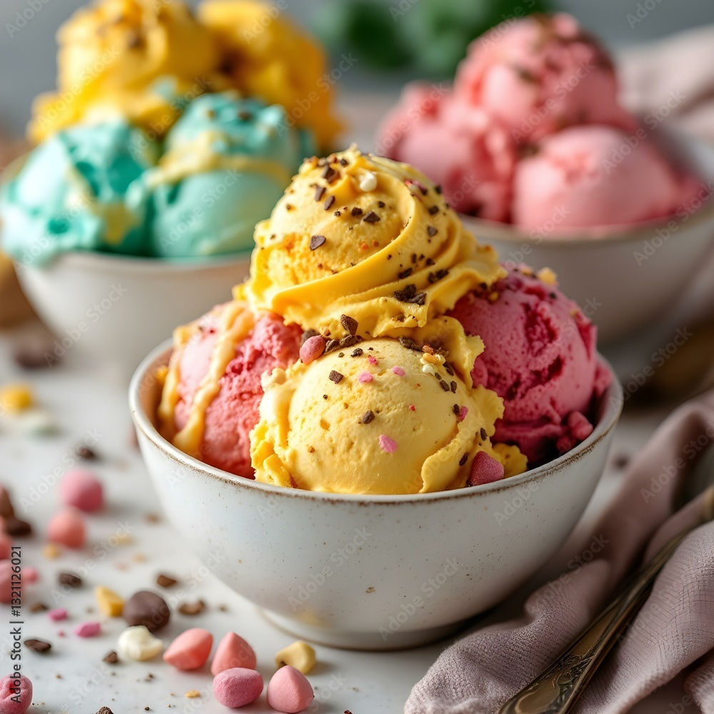 Set of bowls with various colorful Ice Cream scoops Set of bowls with various colorful Ice Cream scoops