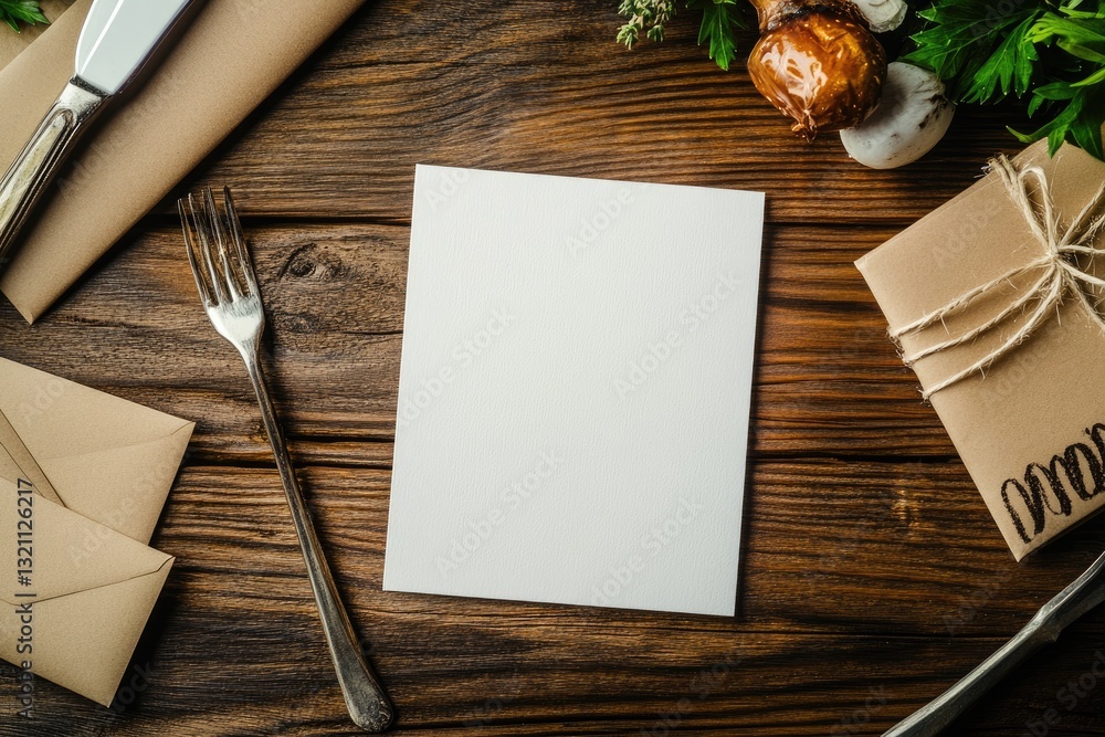 Blank invitation card on rustic wooden table with cutlery and gifts Blank invitation card on rustic wooden table with cutlery and gifts