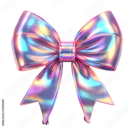 3D render of a bow on a transparent background. Holographic sparkling element in Y2K style. Liquid chrome, vintage girly accessory in pastel pink color, icon, metal surface