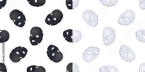 Black and White Facial Sheet Masks Floating on White Background Seamless Pattern