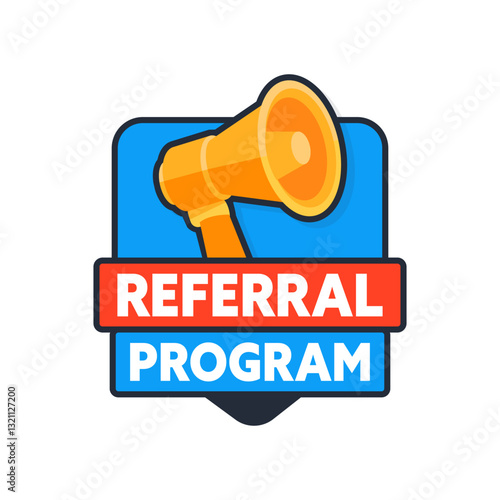 Referral program badge with megaphone promoting marketing strategy