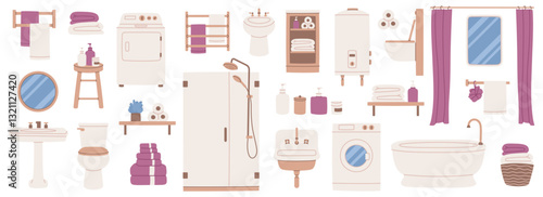 Collection of hand drawn flat illustrations of bathroom elements, including appliances and decor