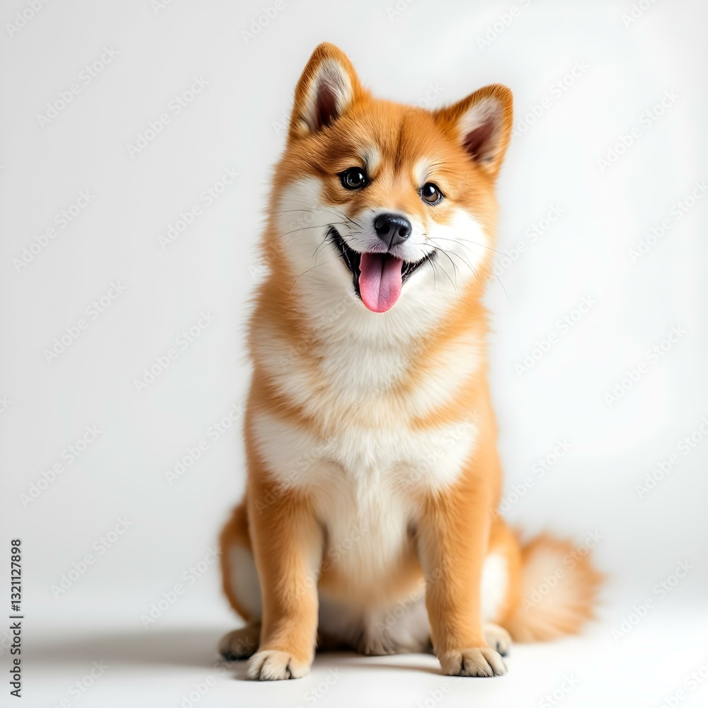 A young, fluffy Shiba Inu dog with a reddish-orange coat and pointed ears sitting and looking directly at the camera with a happy, open-mouthed expression