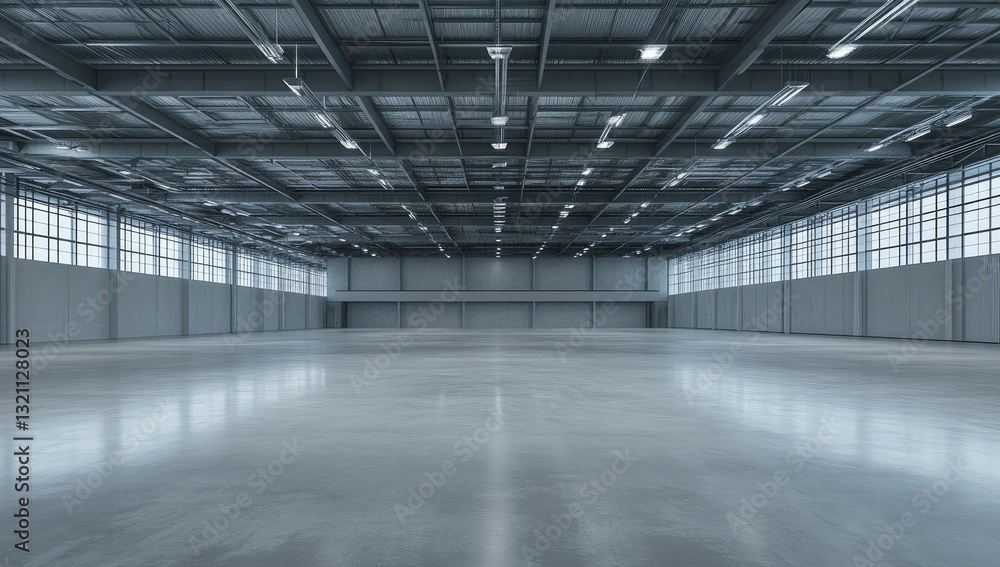 Empty modern industrial hall. Spacious, well-lit, and clean interior of a large warehouse. Metal framework, high ceiling, and large windows Empty modern industrial hall. Spacious, well-lit, and clean interior of a large warehouse. Metal framework, high ceiling, and large windows