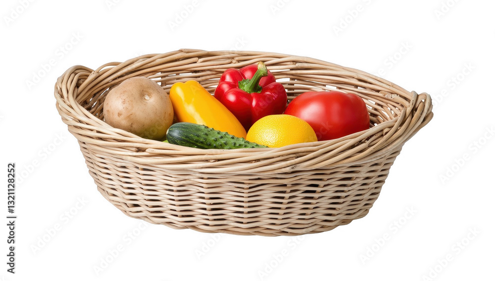 Fresh vegetables arranged in a woven basket against a transparent background Fresh vegetables arranged in a woven basket against a transparent background