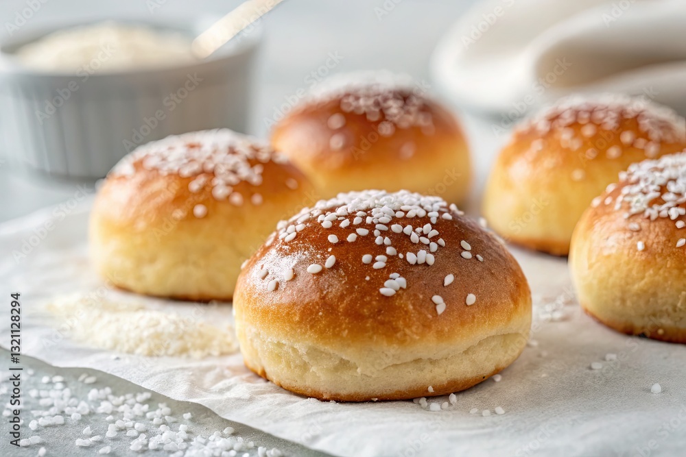 Freshly baked brioche buns with pearl sugar Freshly baked brioche buns with pearl sugar