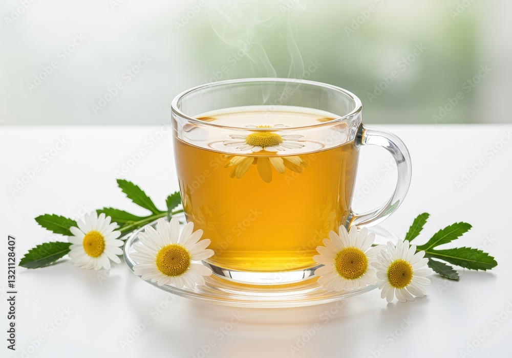 Delicate glass cup of chamomile tea with flowers on a table