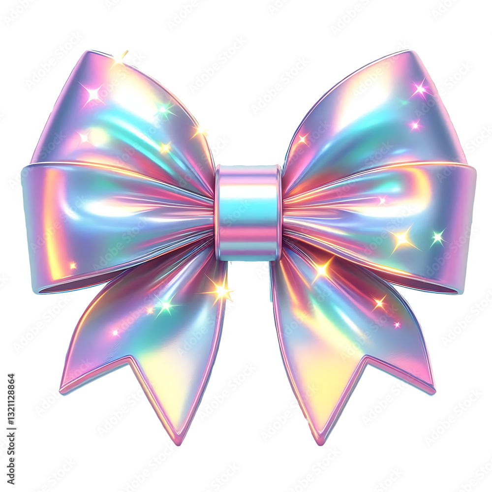 3D render of a bow on a transparent background. Holographic sparkling element in Y2K style. Liquid chrome, vintage girly accessory in pastel pink color, icon, metal surface