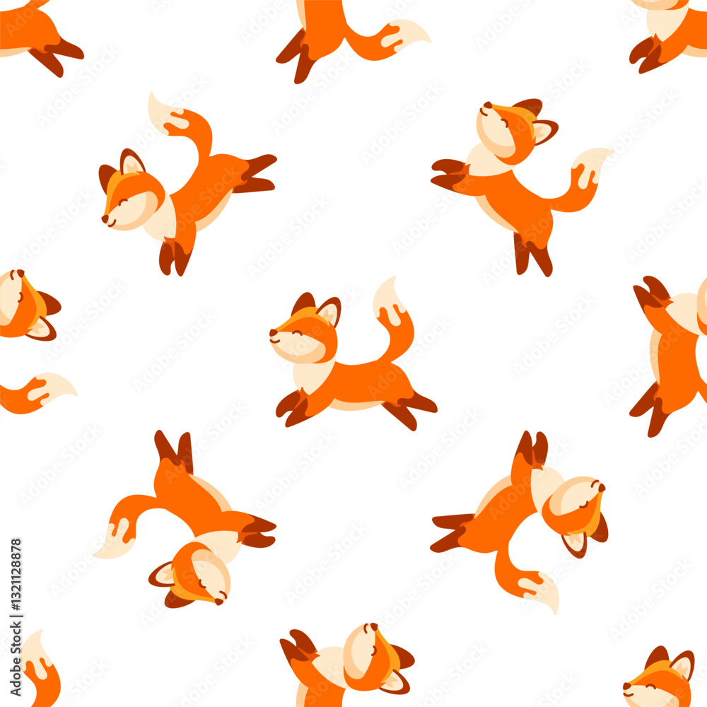 Cute Foxes Running and Jumping Seamless Pattern on White Background Cute Foxes Running and Jumping Seamless Pattern on White Background