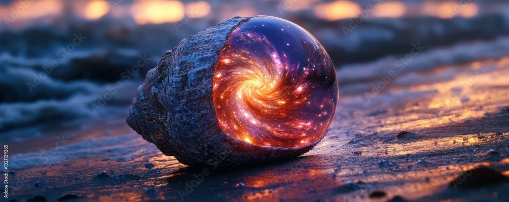 Cosmic swirl in seashell reflecting sunset on sandy beach Cosmic swirl in seashell reflecting sunset on sandy beach
