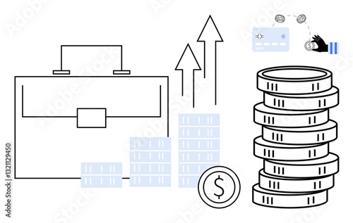 Briefcase with rising arrow icons, stacks of coins, payment card, and a money transfer process. Ideal for finance, investment, banking, growth savings payment systems profitability themes. Flat