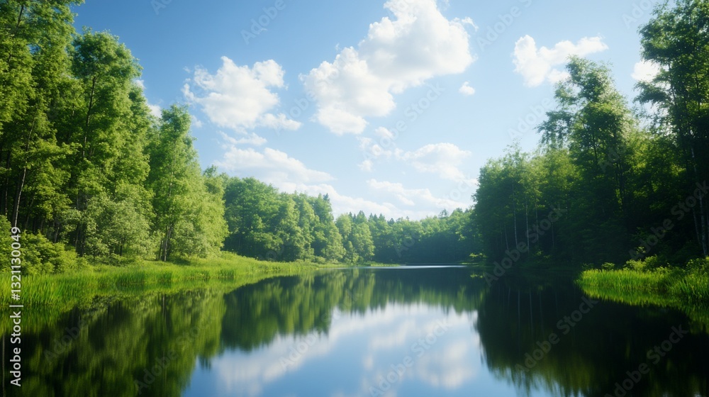 Serene lake mirroring lush green forest under a bright sky Serene lake mirroring lush green forest under a bright sky