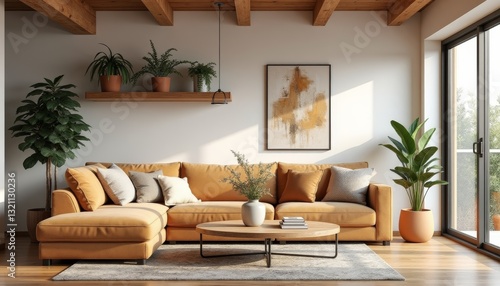 Modern  cozy living room with mustard-colored sectional sofa adorned with various cushions. Wooden ceiling beams  round wooden coffee table with vase of greenery.