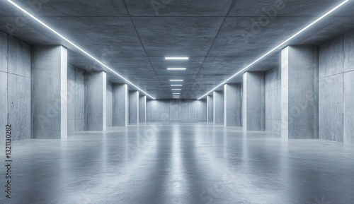 Empty  modern  concrete tunnel.  Illuminated by sleek   linear lighting