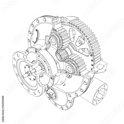 A mechanical device with a gear system. The gears are visible and the device is in a black and white drawing