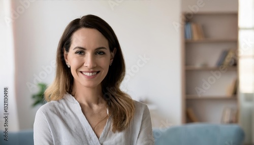 Free Download smiling 30s Caucasian woman look at camera posing in own flat - GFXLoad